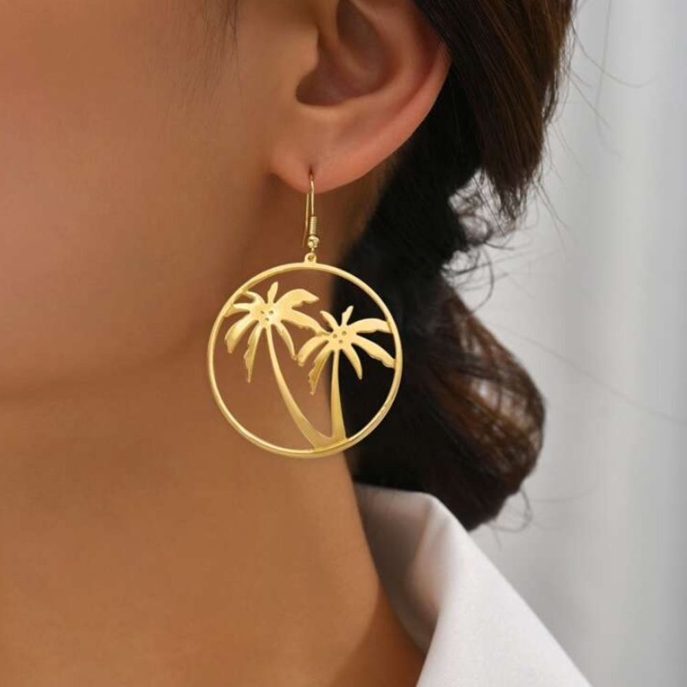 3for$20 1pair Gold-Color Circular Palm Tree Design Earrings For Women